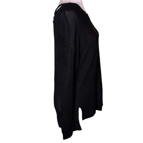 Women Black Open Knit Sweater Strappy Back Lightweight Long Sleeve Top Size Med - Picture 4 of 9